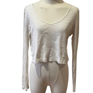 Topshop Cropped Ribbed White V-Neck Long Sleeve Top Size 10